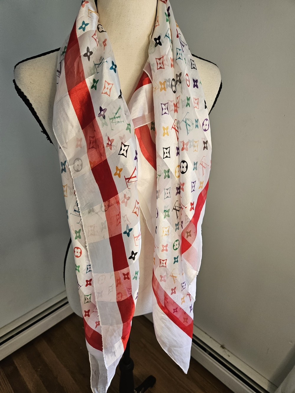 White Scarf with Red Stripe and Multicolor Motif